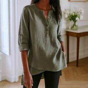 Lulu-B Asymmetrical Hem Roll Tab Sleeve Crepe Lagenlook Layered Top Size Large